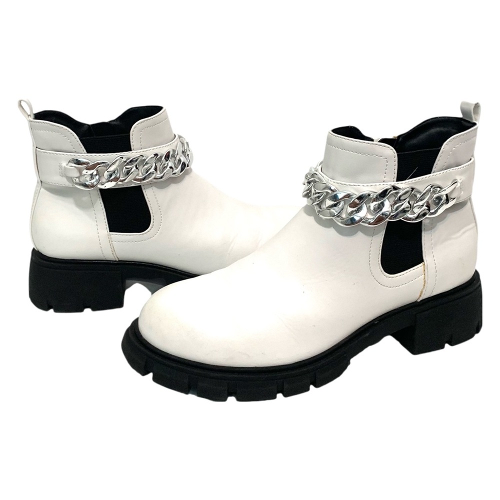 Wonder Nation Big Girls’ White Faux Leather Chain Combat Ankle Boots Size 6